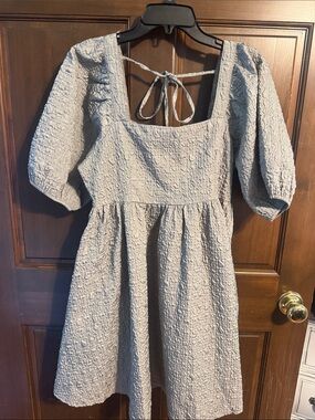 mittoshop Light Gray Textured Puff-Sleeve Mini Dress